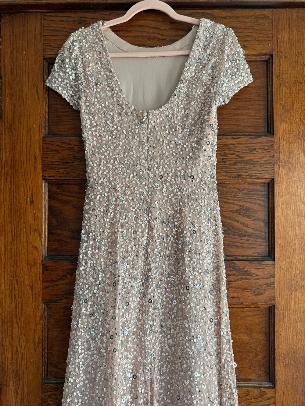 ADRIANNA PAPELL Scoop Back Sequin Maxi Gown Short Sleeve Full Length Blush Nude - Picture 4 of 9